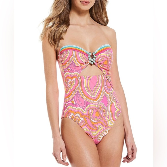 Trina Turk Pink and Yellow One Piece Swimsuit with Retro Paisley Design - Picture 3 of 8